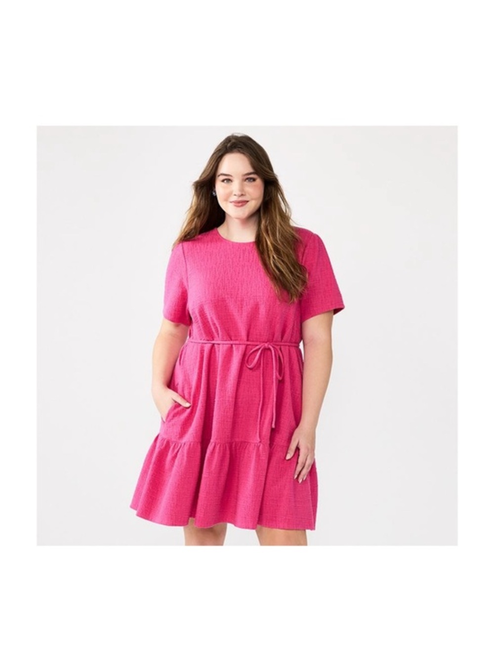 Draper James RSVP Bright Pink Textured Knit Belted Tiered Design Dress 2X